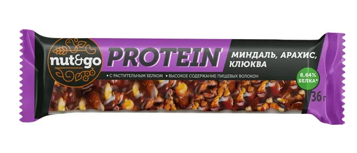 Батончик NUT&GO "Protein" миндаль, клюква, арахис 36 г