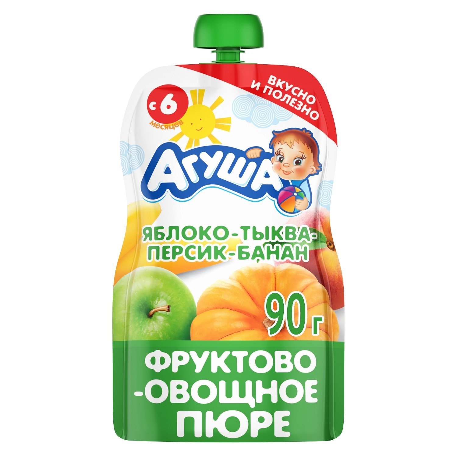 Пюре фруктово-овощное АГУША яблоко-персик-банан-тыква от 6 мес. 90 г
