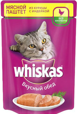 Корм для кошек WHISKAS мясной паштет из курицы с индейкой 85 г