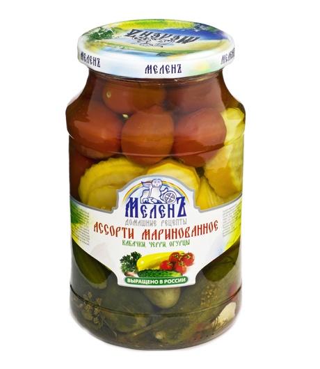 Ассорти овощное МЕЛЕНЪ кабачки, черри, огурцы маринованное 900 г