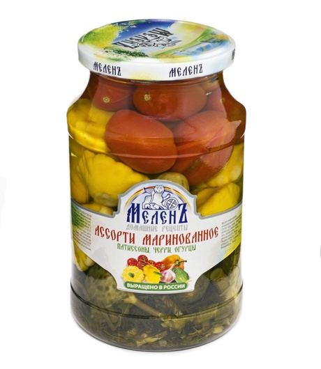 Ассорти овощное МЕЛЕНЪ патиссоны, черри, огурцы маринованное 900 г