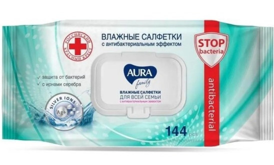 Салфетки влажные AURA Family с антибактериальным эффектом уп.144 /с крышкой/